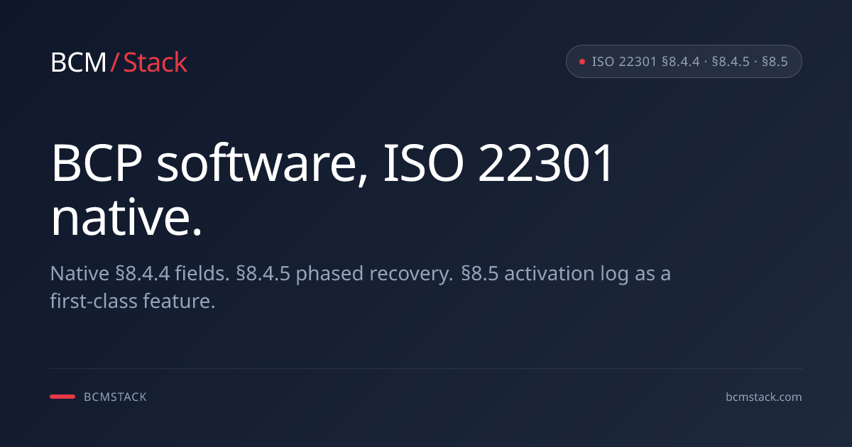 BCP Software · ISO 22301 §8.4.4 + Activation Logs | BCMStack | BCMStack